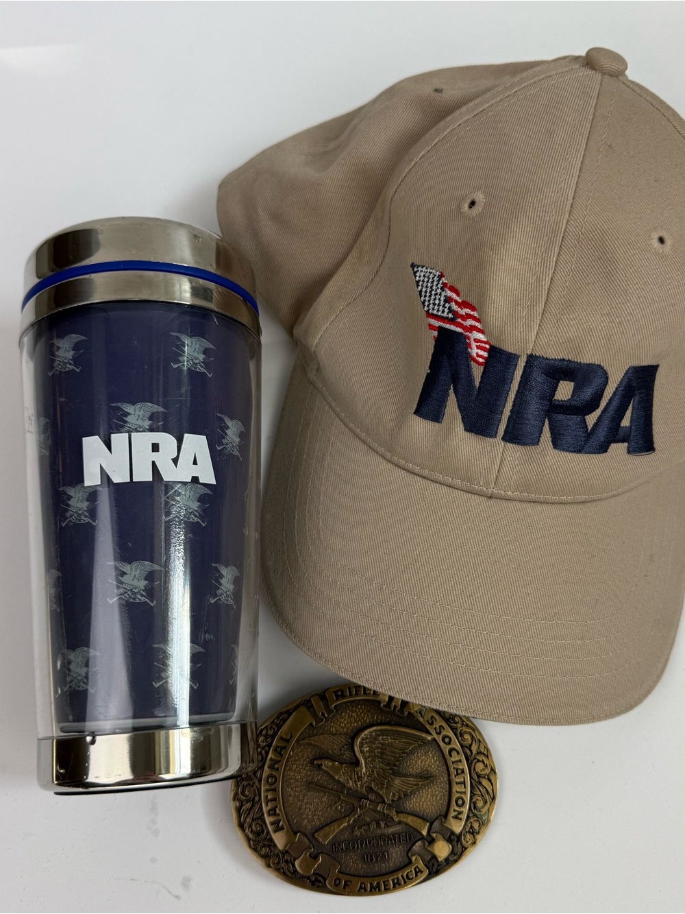 NRA hat, belt buckle and travel mug